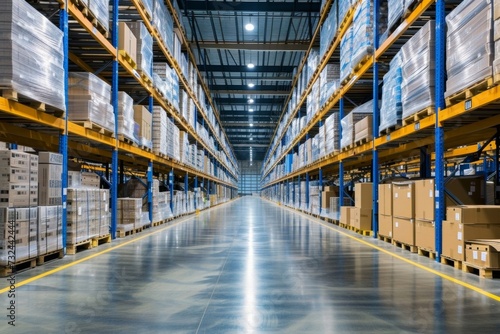 The modern warehouse utilizes advanced robotics and digital inventory management to ensure an efficient and organized distribution process.