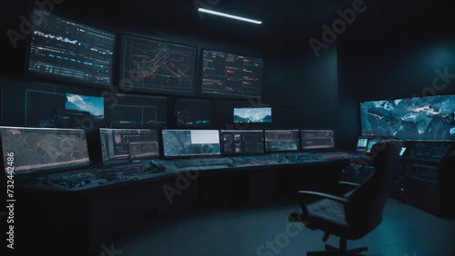  view of a control room with multiple monitors and a chair