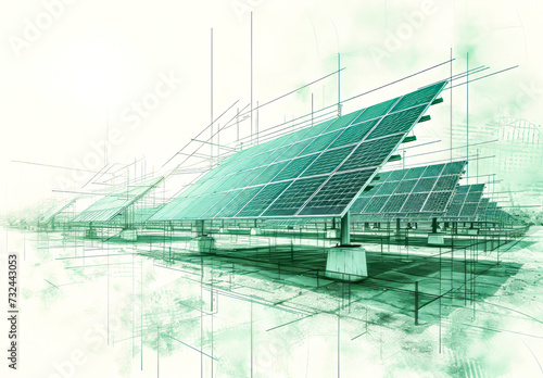 Solar Panels Concept Design with Transparent Architectural Sketch Overlay
