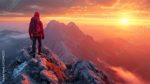 The hiker in the red coat trekked up the mountain trail  surrounded by the serene wilderness  eagerly awaiting the panoramic view from the top.