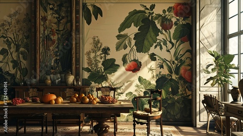 A detailed HD photograph of a sophisticated kitchen wall boasting an elaborate illustration of vegetable patterns in wallpaper photo
