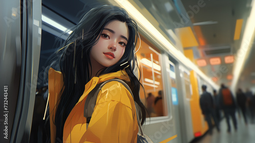 beautiful realistic inspired anime asian girl standing in front of a train, station scenery