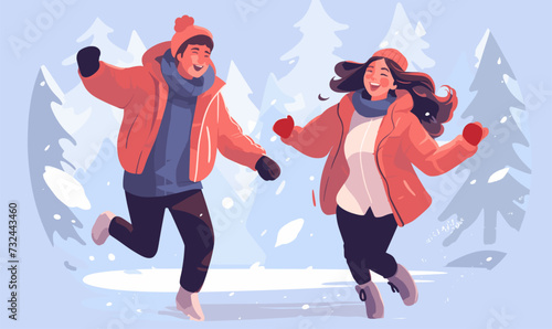 Playful Snowball Fight with a Smiling Couple isolated vector style on isolated background illustration