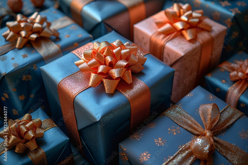 Golden Gift Wrapped in Blue: A Festive Holiday Present Generative AI Golden Gift Wrapped in Blue: A Festive Holiday Present Generative AI