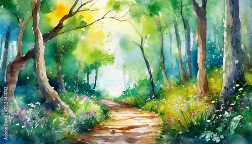 Enchanting wild forest path with watercolor effect. Wall art wallpaper © New2023