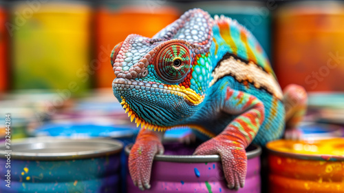 Chameleon on Purple Paint Can Lid. A chameleon navigating colourful paint can lids with striking detail.