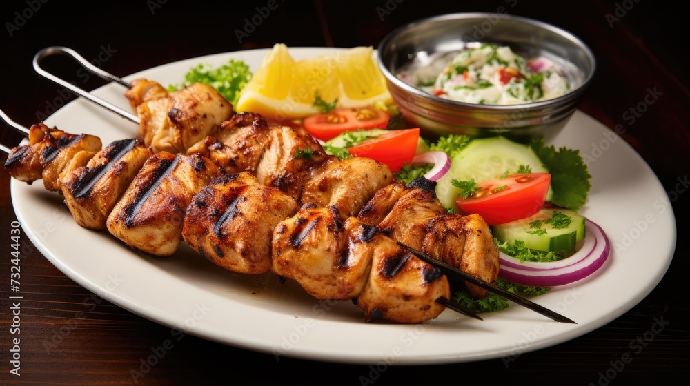 Fresh, homemade grilled chicken kebab with vegetables and spices on a dark background.