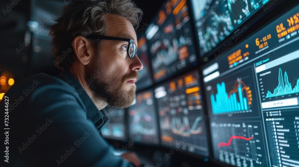 The finance team utilizes advanced tech to analyze data on multiple screens for precise financial decision-making and strategizing. The finance team utilizes advanced tech to analyze data on multiple screens for precise financial decision-making and strategizing.