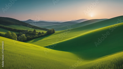  view of a green field with hills and trees, 