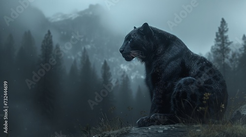 Under the moon's glow, the panthers prowl in silence, their sleek forms blending perfectly with the shadows of the mountainous forest. © tonstock