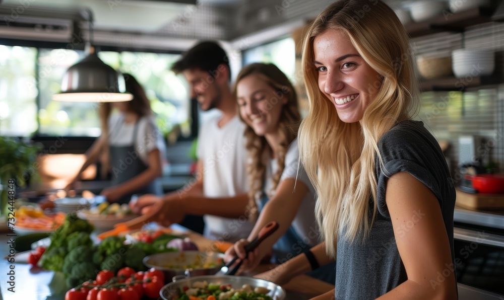 group of friends laughing and preparing a healthy meal together in a bright, modern kitchen, emphasizing the joy of cooking and eating wholesome foods as part of a healthy