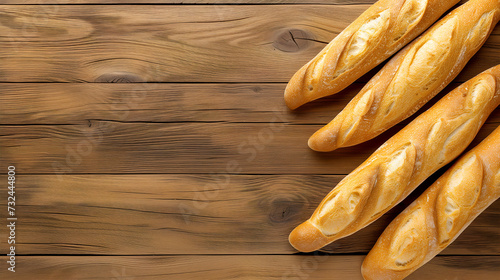 French baguettes on the wooden surface with copy space, promo banner background or wallpaper screen 
