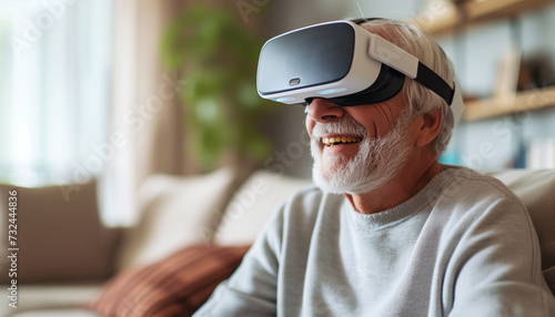 Smiling elderly man enjoying playing computer games with virtual reality glasses. Active age concept © mikhailberkut