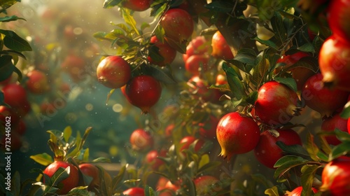 Healthy red pomegranate fruit trees. Rich harvest, pomegranate plantations with beautiful trees. Red, ripe pomegranates on a branch Fruits are very useful for a healthy lifestyle. Copy Space