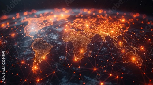The global map showcases a networked world where information travels swiftly through digital infrastructure, connecting continents via satellite and telecom routes.