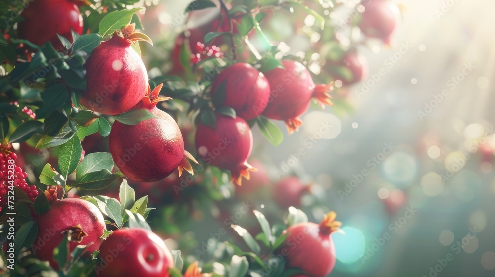 Healthy red pomegranate fruit trees. Rich harvest, pomegranate plantations with beautiful trees. Red, ripe pomegranates on a branch Fruits are very useful for a healthy lifestyle. Copy Space