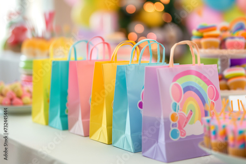 Colorful goodie bags lined up on a table, filled with treats and small toys, bright and festive setting with party decorations in the background photo