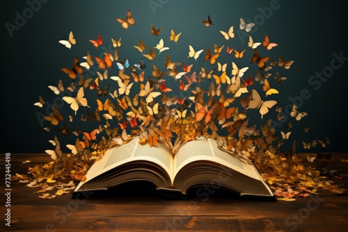 Aged Open magic book butterfly. School story. Generate Ai