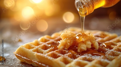 Enjoy a delicious breakfast with Belgian waffles drizzled with honey and maple syrup, served hot with a side of fresh fruit and a steaming cup of tea. photo