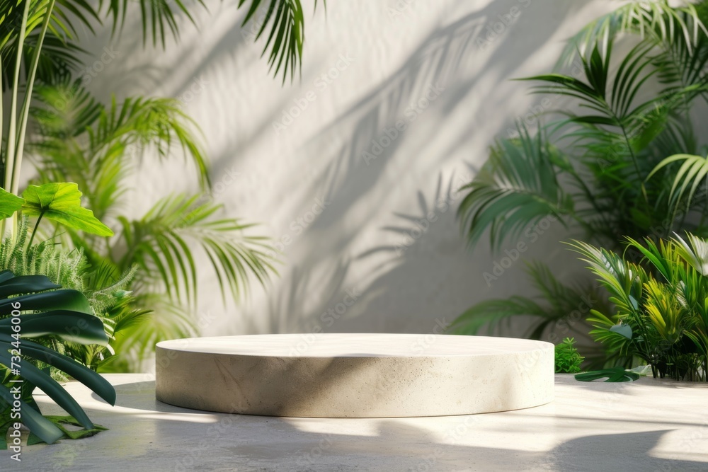 Marble podium bathed in sunlight, accompanied by tropical plants in a serene architectural setting - obrazy, fototapety, plakaty 