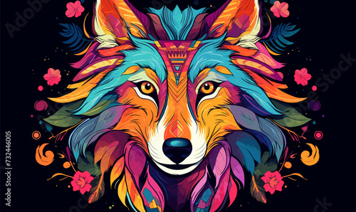 Tribal spirit animal wolf head colorful nature vector illustration in the middle of the artboard -