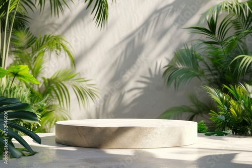 Marble podium bathed in sunlight, accompanied by tropical plants in a serene architectural setting photo