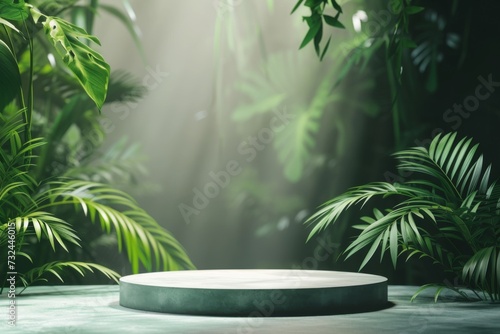 Grey stone podium set amidst a tranquil scene of dense tropical foliage and soft light rays