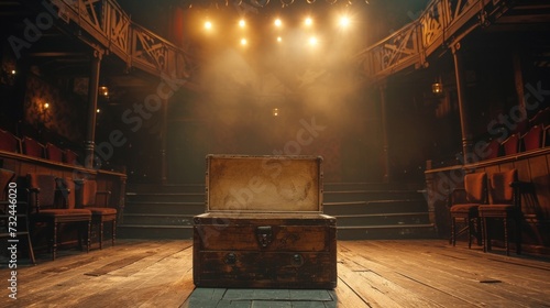 Step back in time to a bygone era stage, where a sepia-toned box reveals nostalgic treasures from theatrical history.