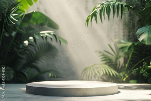 Sleek white display podium enveloped by tropical plants and caressed by beams of light in a lush oasis