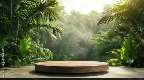 Wooden podium in a dense jungle with sun rays filtering through the foliage, ideal for eco-themed product presentations