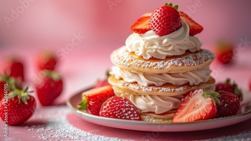 Start your day with a stack of homemade American pancakes, smothered in a tangy raspberry sauce and topped with juicy strawberries for a delightful breakfast treat.