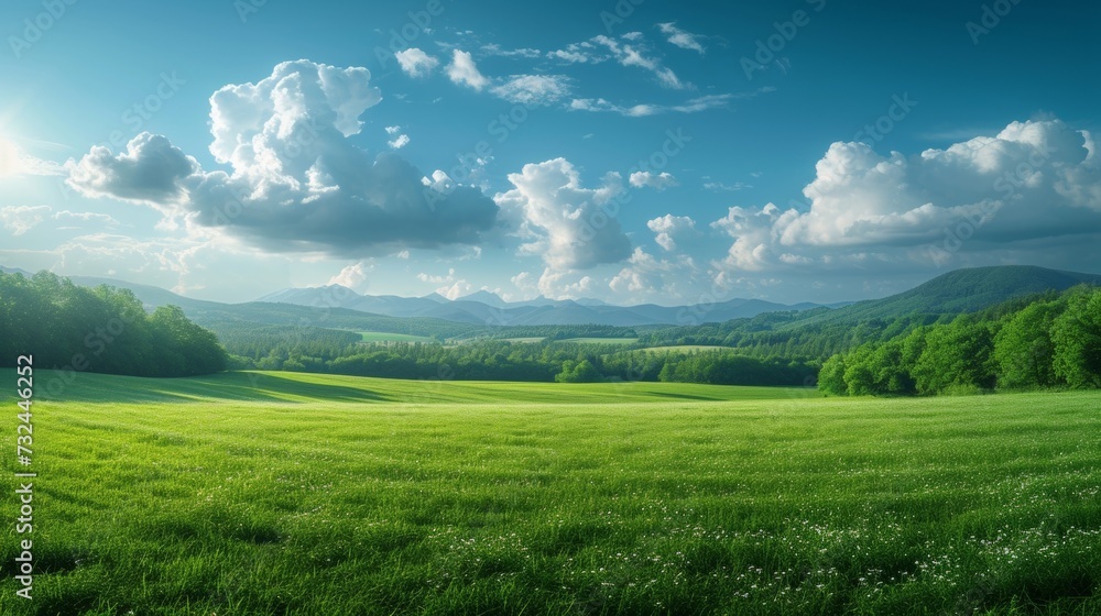 Obraz premium Discover the tranquility of the countryside, where lush green fields and forests offer a picturesque escape from the hustle and bustle of city life.