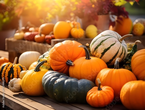 Copy space for text Harvest Bounty rustic farm stands overflowing with colorful produce like pumpkin
