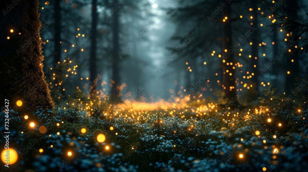 As twilight falls, the ethereal forest comes alive with sparkling fairy lights, casting a radiant, serene glow on the enchanted timberland. - obrazy, fototapety, plakaty 