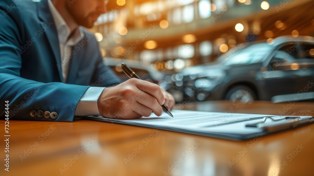 A young businessman signs a lease agreement with a smiling car dealer at a showroom, securing a new vehicle with insurance and finance options. A young businessman signs a lease agreement with a smiling car dealer at a showroom, securing a new vehicle with insurance and finance options.