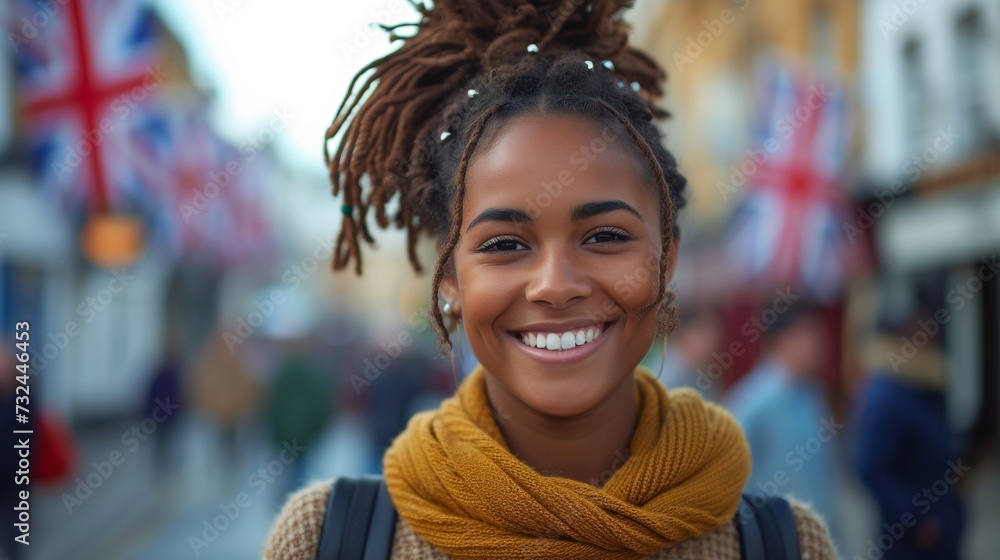 This happy African American girl is learning English and exploring British culture as she travels through the city with her textbook and flag. This happy African American girl is learning English and exploring British culture as she travels through the city with her textbook and flag.