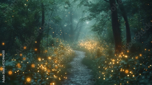 The fairyland s mystical allure is heightened as radiance from luminescent lights creates a serene yet mysterious atmosphere in the enchanted forest.