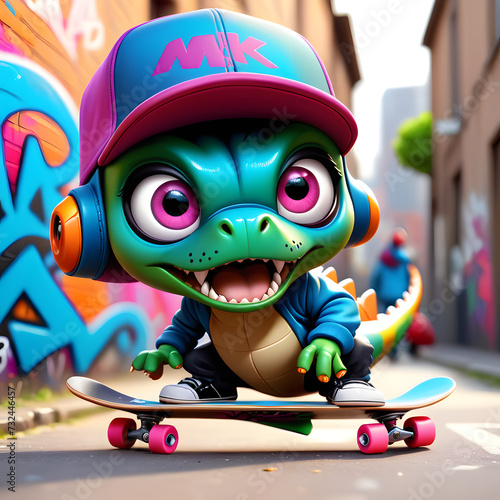 Illustration of a funny crocodile cgi graffiti character on skateboard, with graffiti in the background, colorful