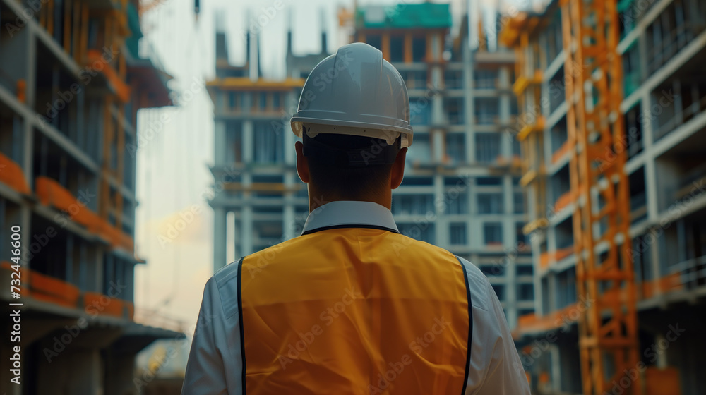 A construction engineer standing on a building site wearing a protective helmet and uniform. Rear view looking at a building under construction.