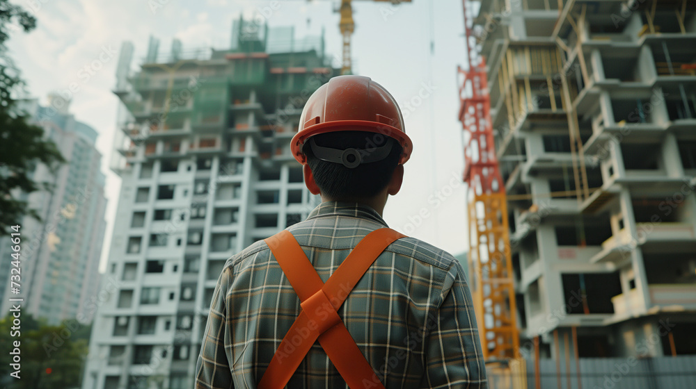 A construction engineer standing on a building site wearing a protective helmet and uniform. Rear view looking at a building under construction.