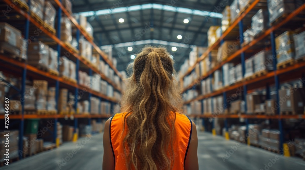 Woman in orange vest oversees warehouse operations, coordinating forklifts and conveyer belts for efficient cargo handling.