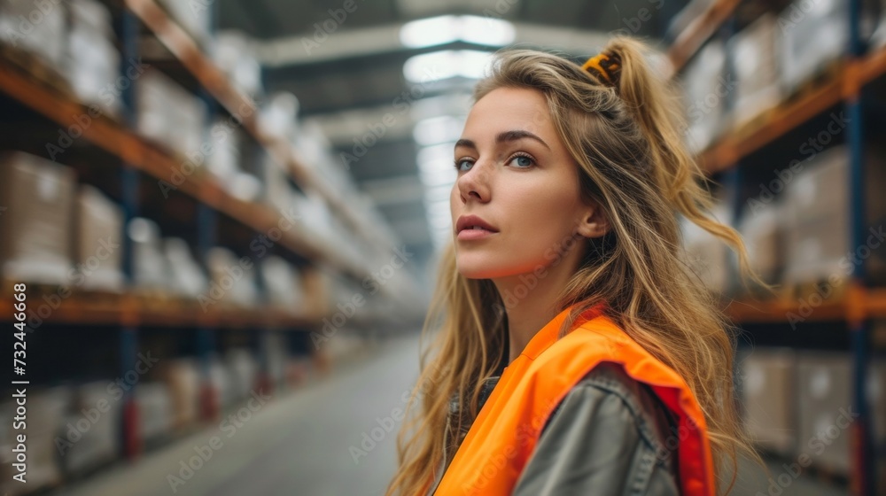 Woman in orange vest oversees warehouse operations, ensuring efficient distribution and safe handling of cargo.