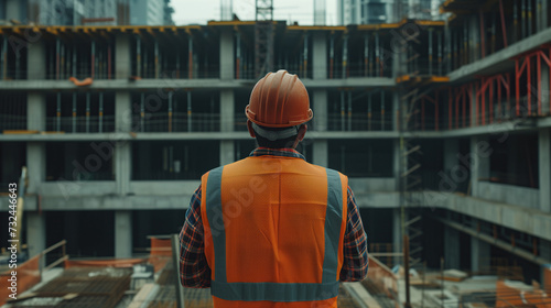 A construction engineer standing on a building site wearing a protective helmet and uniform. Rear view looking at a building under construction.