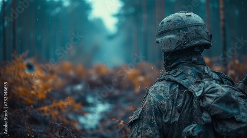Amidst the dark forest, a weary soldier prepares for battle, his uniform stained with the earth's grit, helicopter blades slicing through the air above. photo