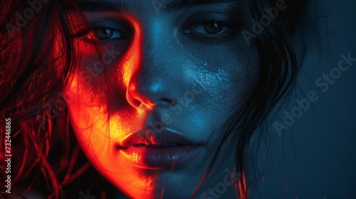 A young woman's face marked by suffering as she battles the darkness of abuse and the weight of depression, searching for a way out of her emotional turmoil.