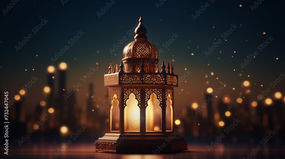 A mesmerizing Eid-ul-Adha festival scene with a majestic Arabic Ramadan lantern illuminating the night. A mesmerizing Eid-ul-Adha festival scene with a majestic Arabic Ramadan lantern illuminating the night.