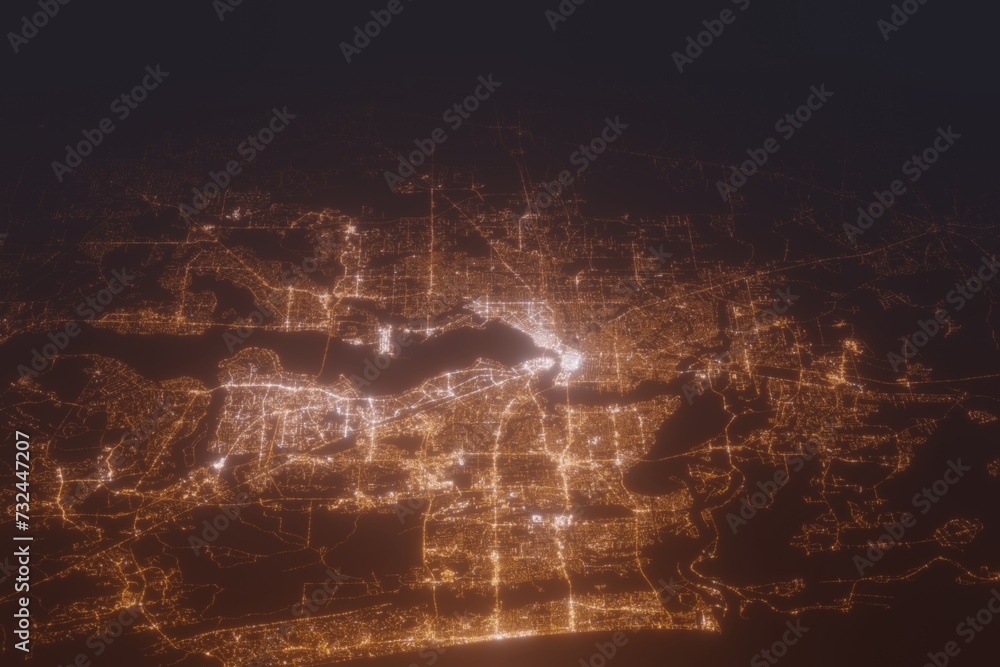 Aerial shot on Jacksonville (Florida, USA) at night, view from east. Imitation of satellite view on modern city with street lights and glow effect. 3d render