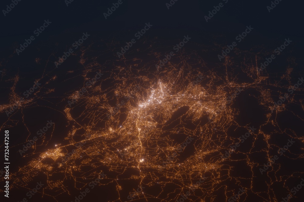 Aerial shot on Tbilisi (Georgia) at night, view from east. Imitation of satellite view on modern city with street lights and glow effect. 3d render - obrazy, fototapety, plakaty 