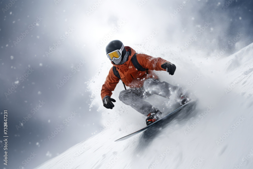 Dynamic view of a snowboarder coming down the snow-covered mountain Dynamic view of a snowboarder coming down the snow-covered mountain