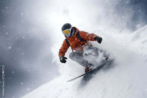 Dynamic view of a snowboarder coming down the snow-covered mountain